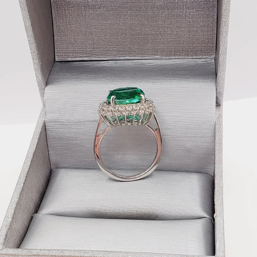 Emerald Green Quartz & White Zircon Halo Ring Platinum - 925 Sterling Silver